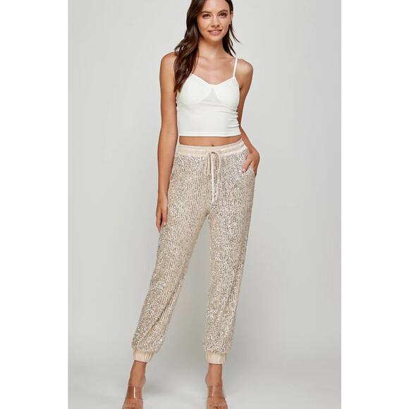 Ellison Harley Sequin Drawstring Waist Joggers Champagne XL New with tags - Picture 1 of 9